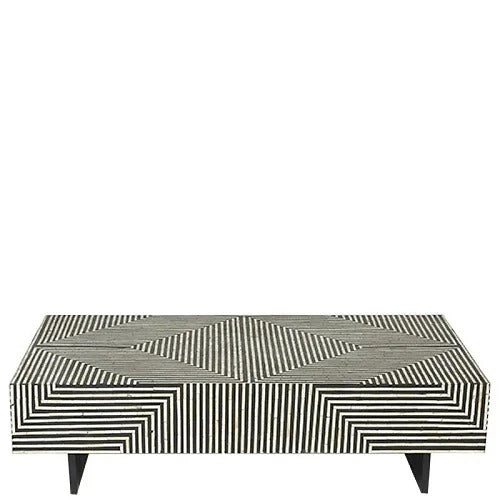 Bone Inlay Rectangle Coffee Table with Stripe Design With Iron Legs