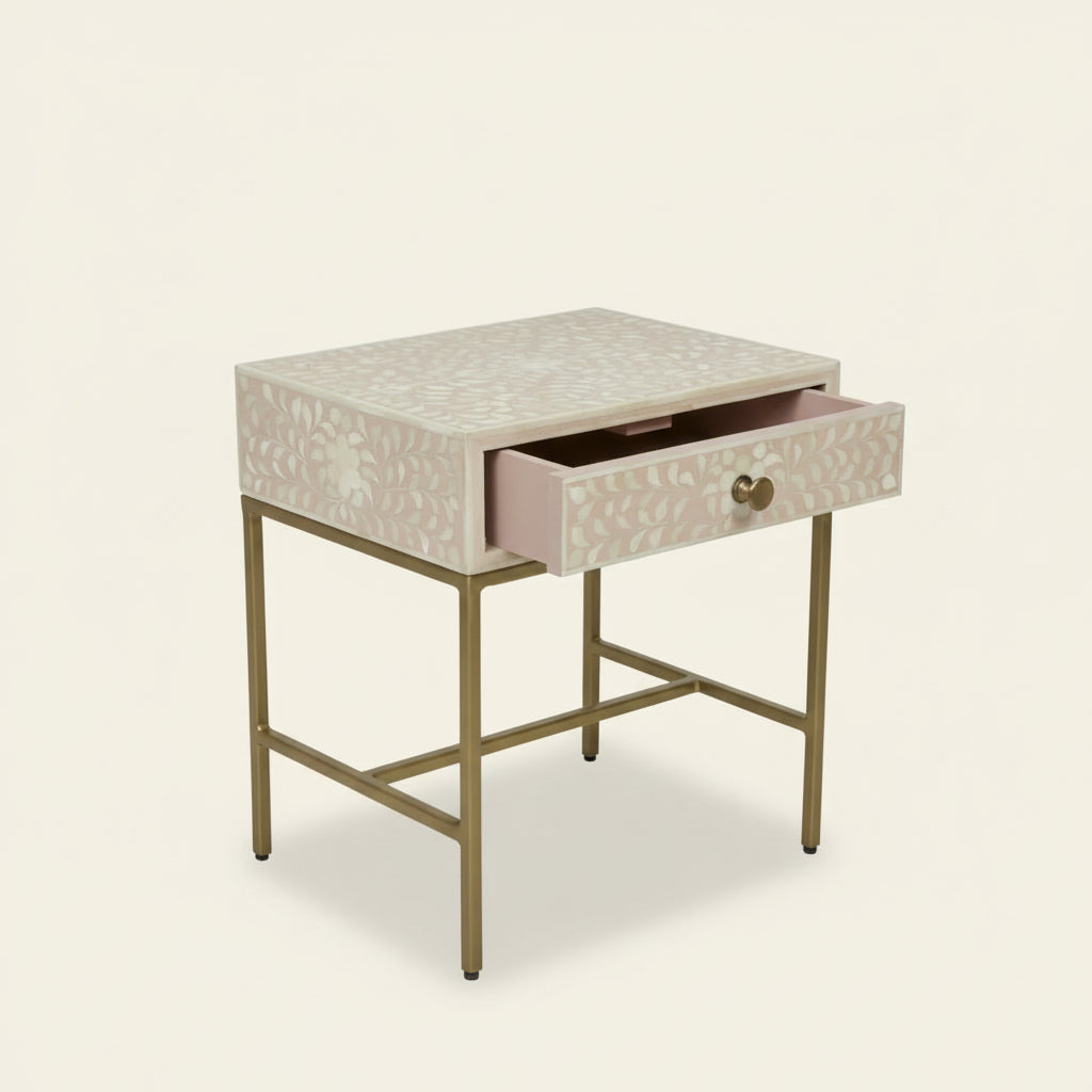 Handmade Bone Inlay Modern Floral Pattern Bedside Table with 1 Drawer for Home and Office Decor - Hansa Handicraft