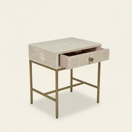 Handmade Bone Inlay Modern Floral Pattern Bedside Table with 1 Drawer for Home and Office Decor - Hansa Handicraft