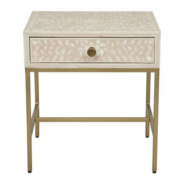 Handmade Bone Inlay Modern Floral Pattern Bedside Table with 1 Drawer for Home and Office Decor - Hansa Handicraft