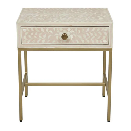 Handmade Bone Inlay Modern Floral Pattern Bedside Table with 1 Drawer for Home and Office Decor - Hansa Handicraft