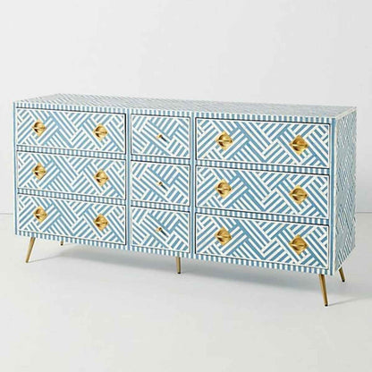 Handmade Exclusive Bone Inlay Optical Chest of Nine Drawers Dresser