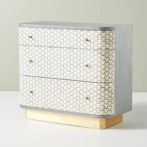 Bone Inlay Dresser With Brass Platted Bottom| Handmade Bone Inlay Storage Furniture| Bone Inlay Three  Drawers Dresser