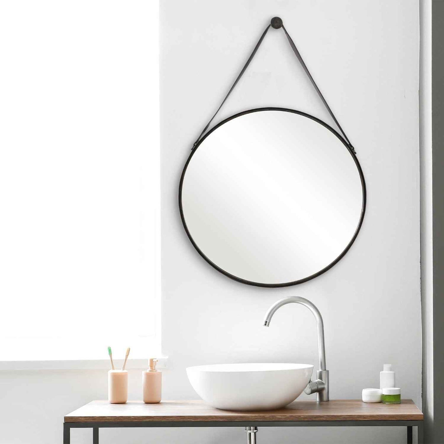 BUCKLE STRAP HANGING ROUND MIRROR