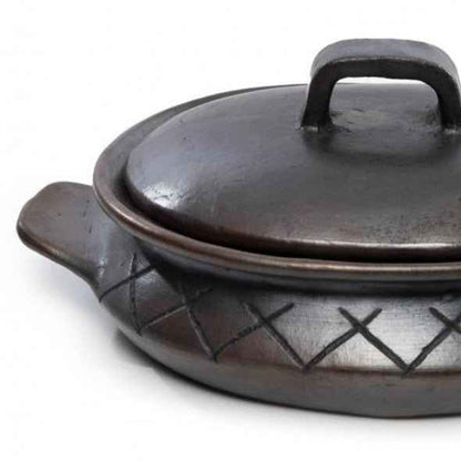 BURNED TERRACOTTA OVAL POT WITH LID + HANDLES | ENGRAVED | BLACK