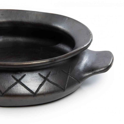 BURNED TERRACOTTA OVAL POT WITH LID + HANDLES | ENGRAVED | BLACK