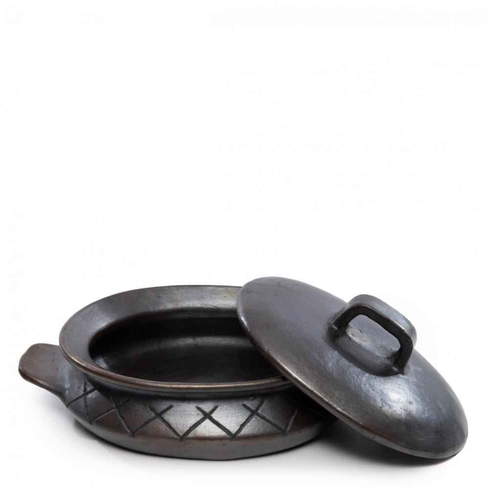 BURNED TERRACOTTA OVAL POT WITH LID + HANDLES | ENGRAVED | BLACK