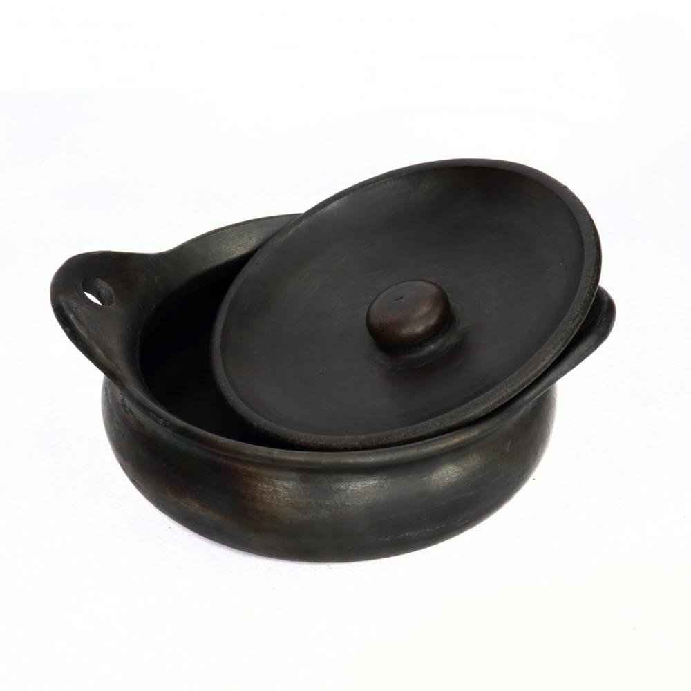 BURNED TERRACOTTA POT WITH LID + HANDLES | BLACK