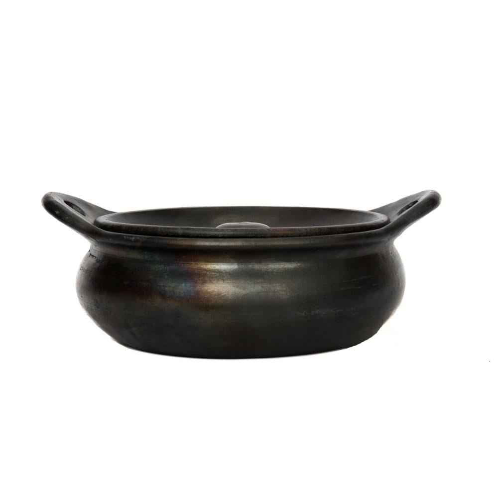 BURNED TERRACOTTA POT WITH LID + HANDLES | BLACK