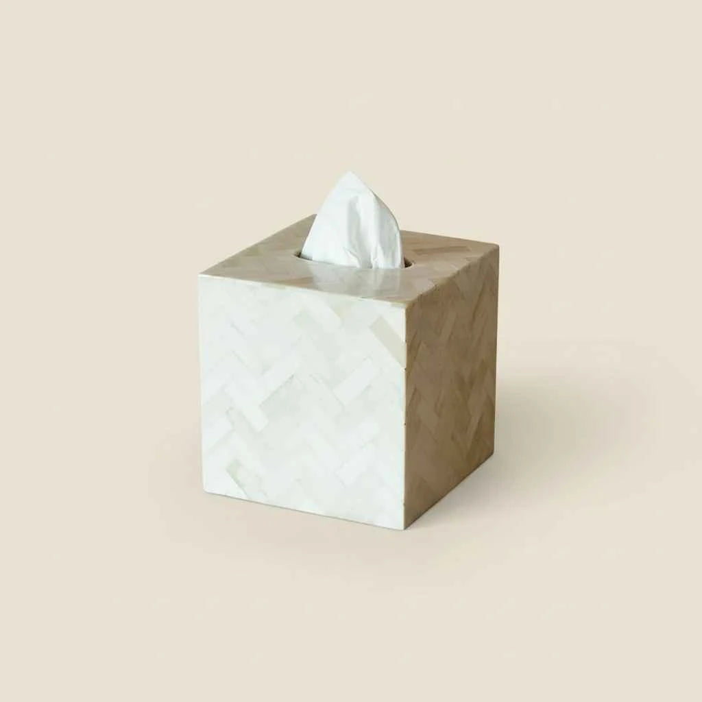 Handmade natural bone inlay tissue box 5.5 inch square with ivory chevron zig zag pattern