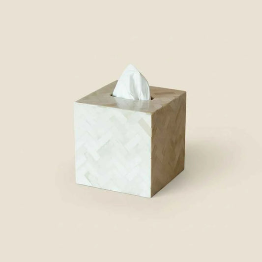 Handmade natural bone inlay tissue box 5.5 inch square with ivory chevron zig zag pattern