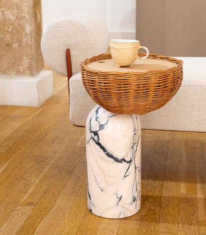 CELESTE SIDE TABLE | MARBLE BASE +WICKER BASKET - Green Design Gallery