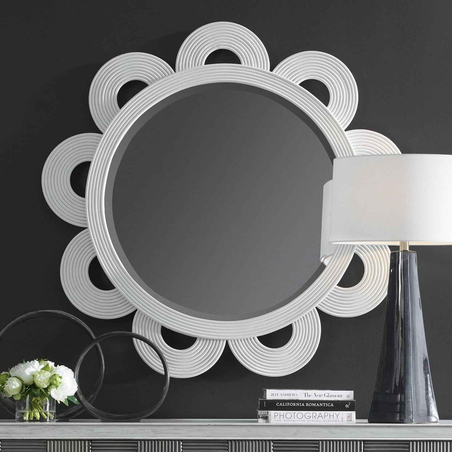 CLEMATIS WHITE RATTAN 46IN ROUND MIRROR