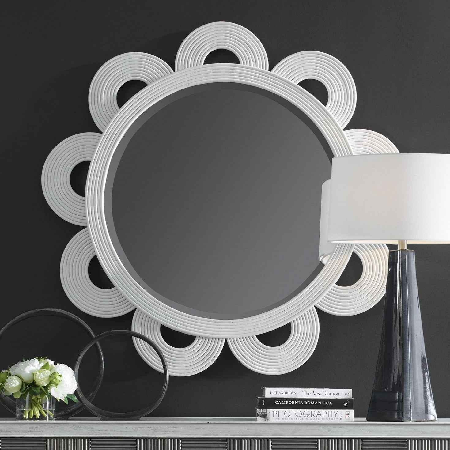 CLEMATIS WHITE RATTAN 46IN ROUND MIRROR