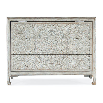 DHARMA ANTIQUE WHITE CARVED WOOD ACCENT CHEST