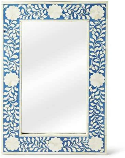 Bone Inlay Mirror Frame Handmade Decor Floral Design Wood Frame Entryway, Hallway, Living Room, Closet Mirror