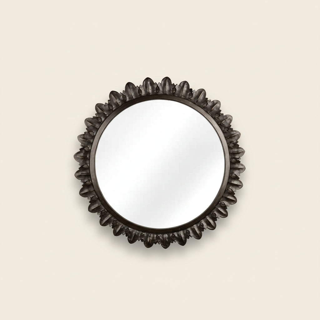Ebony Carved Round Temple Mirror - Variation II