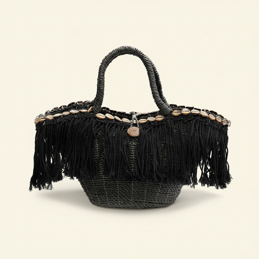 FRINGE MACRAME BEACH BAG - BASKET / BLACK
