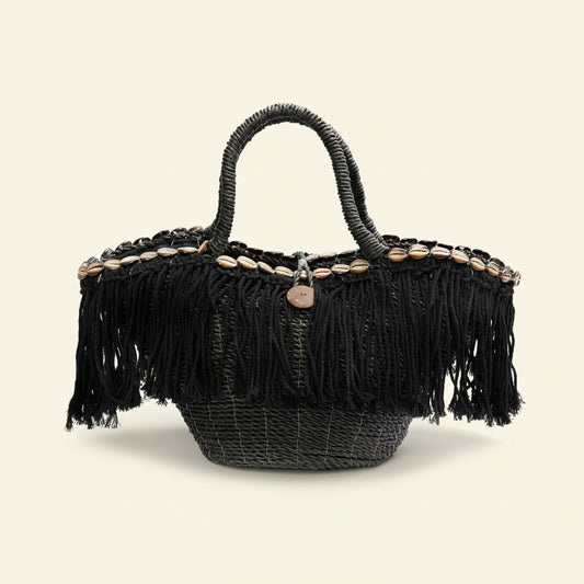 FRINGE MACRAME BEACH BAG - BASKET / BLACK