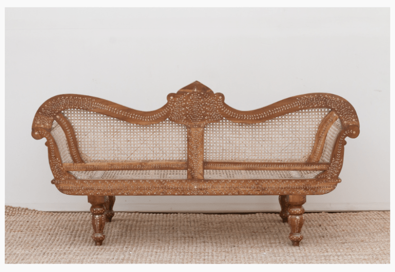 Handmade Anglo - Indian Bone Inlay Settee Bench - Cane Back and Seat Settee - Bone Inlay Furnitures