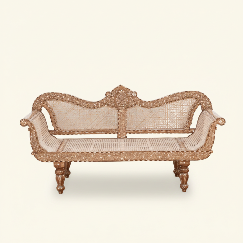 Anglo-Indian Bone Inlay Cane Settee - Hansa Handicraft
