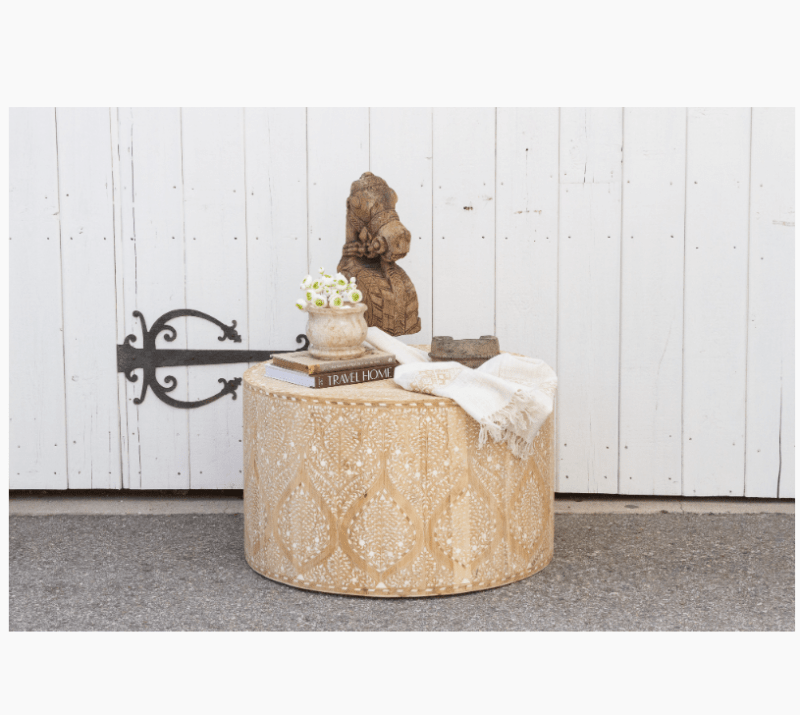 Handmade Bleached Wood Drum Coffee Table - Exquisite Artisan Design Coffee Table - Bone Inlay Furnitures