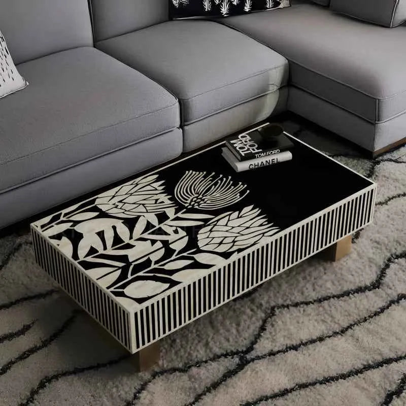 Handmade Bone Inlay Rectangular Black and White Floral Design Coffee Table