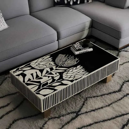 Handmade Bone Inlay Rectangular Black and White Floral Design Coffee Table