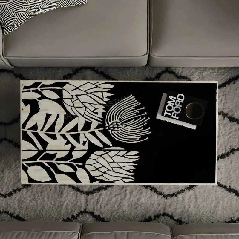 Handmade Bone Inlay Rectangular Black and White Floral Design Coffee Table