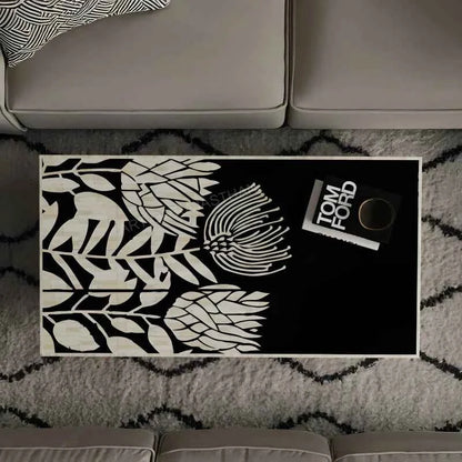 Handmade Bone Inlay Rectangular Black and White Floral Design Coffee Table