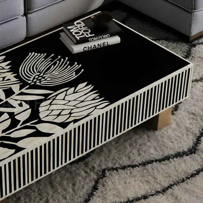 Handmade Bone Inlay Rectangular Black and White Floral Design Coffee Table