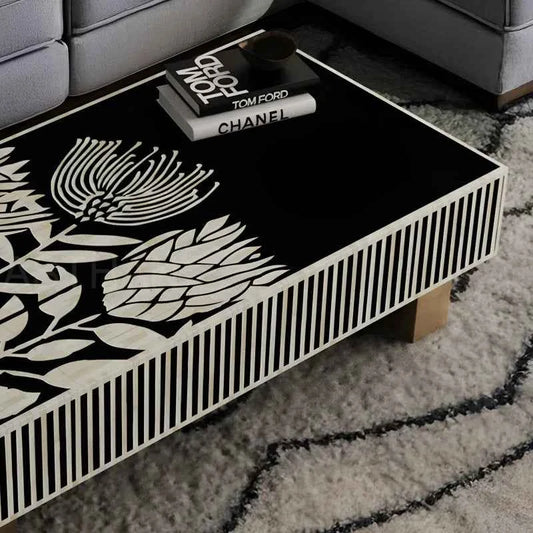 Handmade Bone Inlay Rectangular Black and White Floral Design Coffee Table