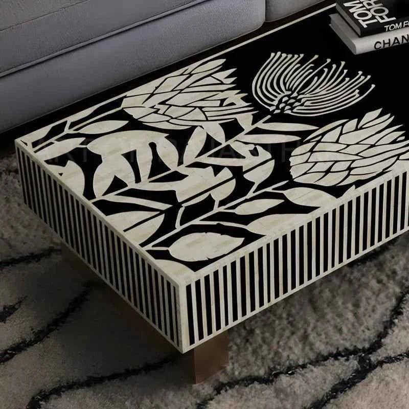 Handmade Bone Inlay Rectangular Black and White Floral Design Coffee Table