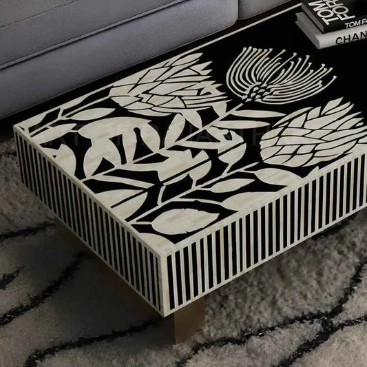 Handmade Bone Inlay Rectangular Black and White Floral Design Coffee Table