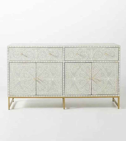 Handmade Floral Inlay Grey Sideboard Four Door And Two Drawer Buffet