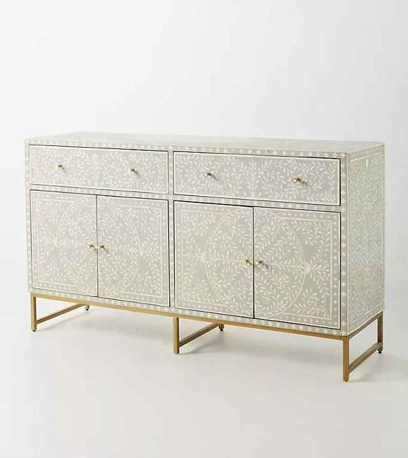 Handmade Floral Inlay Grey Sideboard Four Door And Two Drawer Buffet