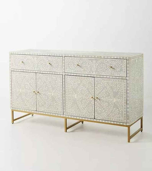 Handmade Floral Inlay Grey Sideboard Four Door And Two Drawer Buffet