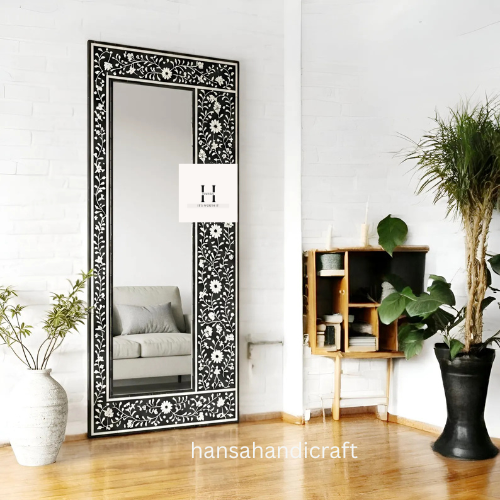 Mirror Frame Handmade Decor Floral Design Wood Frame Entryway, Hallway, Living Room, Closet Mirror-HANSA HANDICRAFT