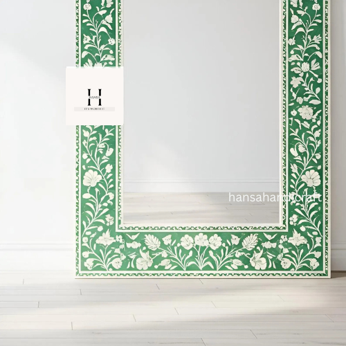 Green Floral Rectangle Bone Inlay Mirror / Handcrafted Floral Pattern Mirror / Decorative Wall Mirror with Intricate Inlay Design-hansa handicraft