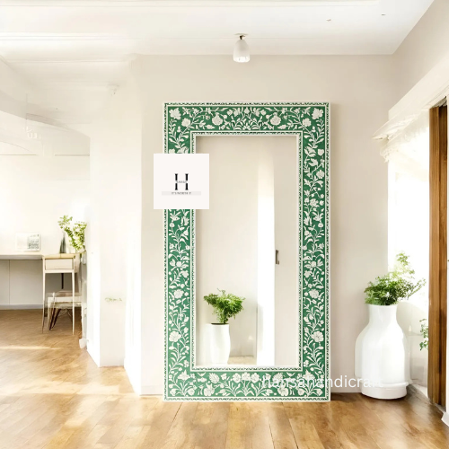 Green Floral Rectangle Bone Inlay Mirror / Handcrafted Floral Pattern Mirror / Decorative Wall Mirror with Intricate Inlay Design-hansa handicraft
