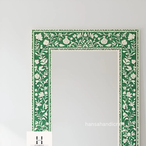 Green Floral Rectangle Bone Inlay Mirror / Handcrafted Floral Pattern Mirror / Decorative Wall Mirror with Intricate Inlay Design-hansa handicraft