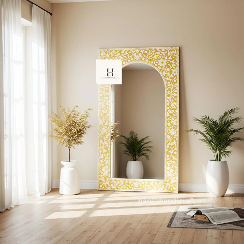 Rectangle Bone Inlay Mirror / Floral Pattern Handcrafted Mirror / Decorative Wall Mirror Inlay Design / Vintage-Inspired Jharokha Mirror-HANSA HANDICRAFT