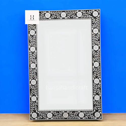 Black Mother of Pearl Floral Pattern Mirror | Handcrafted Decorative Wall Mirror | Elegant Statement Piece-HANSA HANDICRAFT