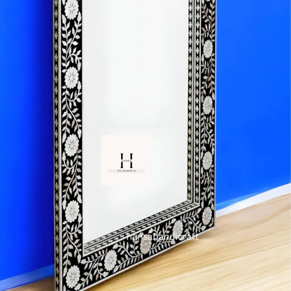 Black Mother of Pearl Floral Pattern Mirror | Handcrafted Decorative Wall Mirror | Elegant Statement Piece-HANSA HANDICRAFT