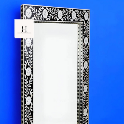 Black Mother of Pearl Floral Pattern Mirror | Handcrafted Decorative Wall Mirror | Elegant Statement Piece-HANSA HANDICRAFT