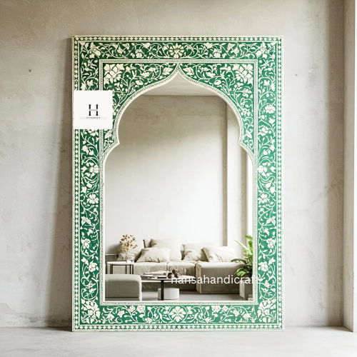 Mugal Inspired Jharokha Mirror / Rectangle Bone Inlay Mirror / Floral Pattern Handcrafted Mirror / Decorative Wall Mirror Inlay Design -Hansa handicft - Hansa Handicraft