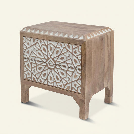 HAVELI GEOMETRIC MOTIF CARVED WOOD NIGHTSTAND