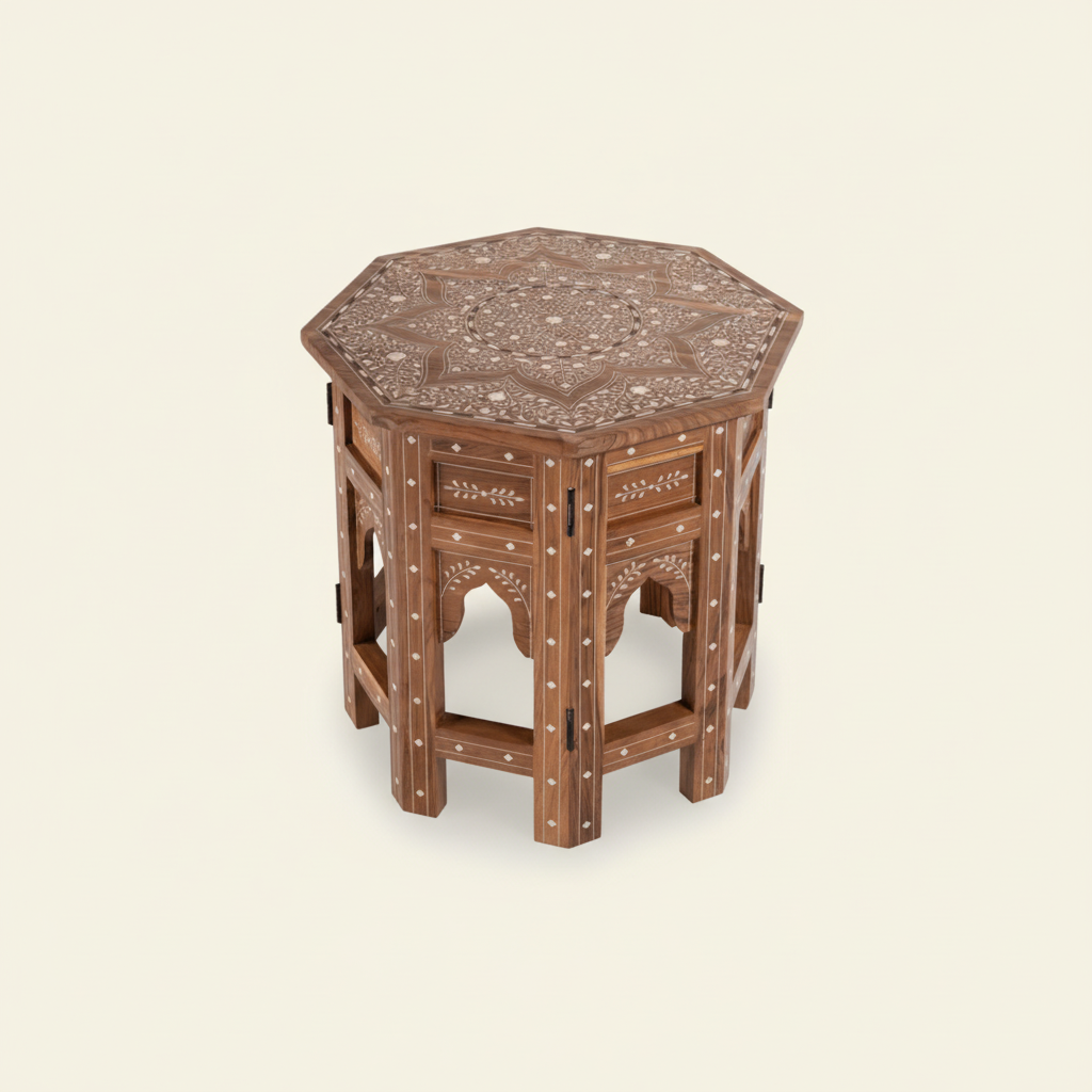 Hexagonal Bone Inlay Teak Wood Side Table - Indian Accent Furniture Side Table - Bone Inlay Furnitures
