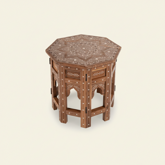 Hexagonal Bone Inlay Teak Wood Side Table - Indian Accent Furniture Side Table - Bone Inlay Furnitures