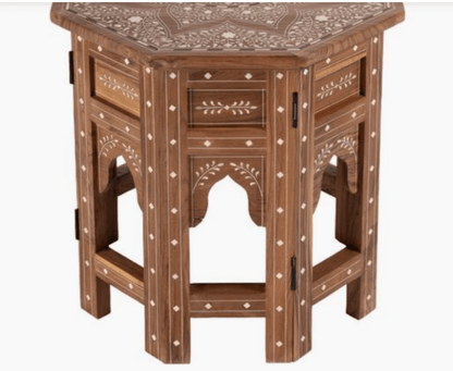 Hexagonal Bone Inlay Teak Wood Side Table - Indian Accent Furniture Side Table - Bone Inlay Furnitures